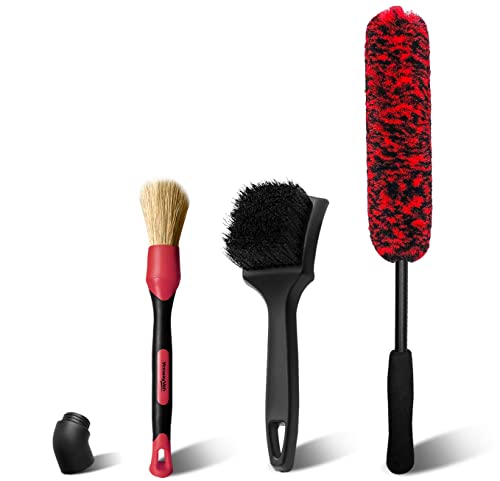 YeewayVeh Car Wheel Brush Set, 3 Pack Scratch-Free Microfiber Deep Tires Cleaning Brushes with Detailing Brush for Vehicle Motorcycle Bicycle Tire Rim Fenders Engine Exhaust Tips Car Wash Kit