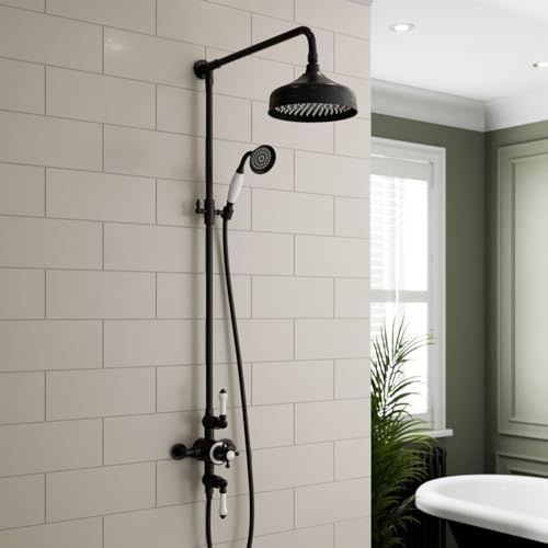 Park Lane® Bathroom Thermostatic Mixer Shower, Traditional Crosshead Exposed Bar Valve Round Drencher Rainfall Head, Hose & Handset, Black