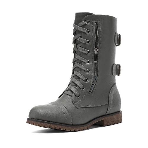 DREAM PAIRS Women's Mid Calf Built-in Wallet Pocket Lace up Military Combat Boots 7.5 Grey