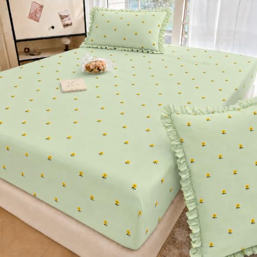 Image of VOMZER King Size (60x78) 300 TC Soft Cotton Feel Microfiber All Around Elastic Fitted Double Queen Bedsheet with 2 Frill Pillow Covers | Small Yellow Flower