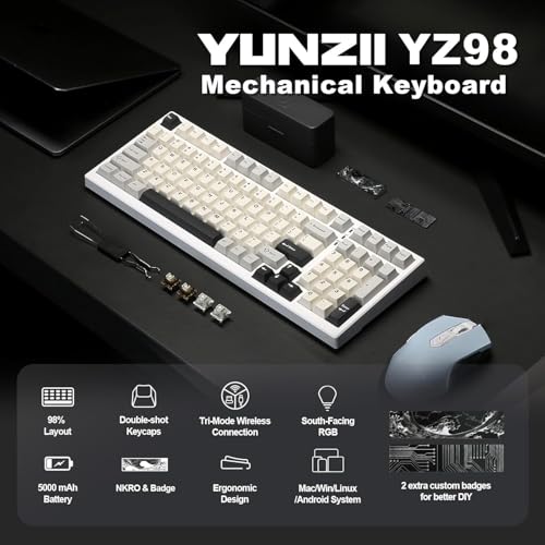 YUNZII YZ98 99 キー メカニカル キーボード ガスケット搭載 ホットスワップ対応 BT5.0/2.4G/USB-C ワイヤレス ゲーミング キーボード NKRO 98% 1800 レイアウト RGB Linux/Win/Mac用 技適認証取得（ミルクスイッチ、ホワイト）