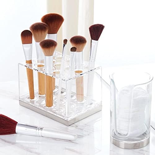 mDesign Makeup Brush Holder  Cosmetic Organiser for Dressing Tables and Countertops  Makeup Storage with 15 Compartments for Makeup and Powder Brushes  Clear/Brushed Silver