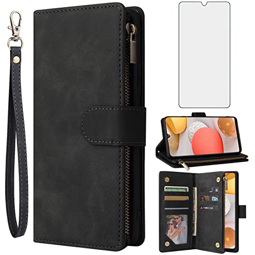 Étui Samsung Galaxy A42 5G Asuwish avec protection écran verre trempé et porte-cartes cuir noir