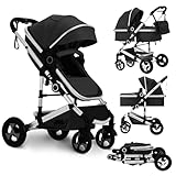 TODEFULL Convertible Baby Stroller, 3 in 1 Folding Infant Stroller, High Landscape Pushchair w/Adjustable Backrest & Canopy, Newborn Pram with Foot Cover, Storage Basket, Black