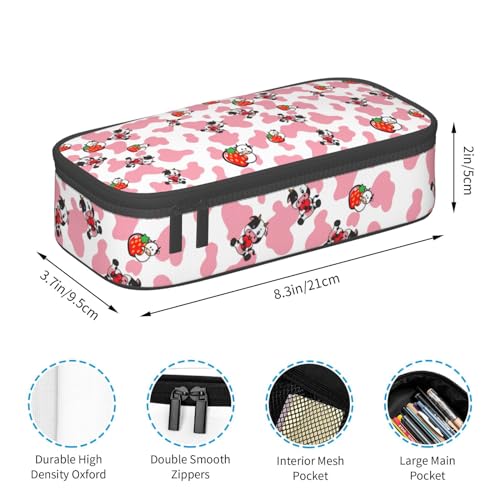 Image of Pink Strawberry Cows Print Large Pencil Case, Pencil Pouch With Zipper Compartments Stationery Pencil Bag For Kids Teens Students School Supplies