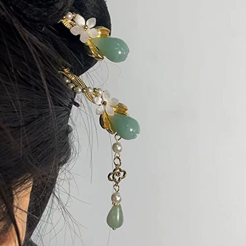 2 Pcs Retro Style Flower Metal Hair Stick Chinese Rhinestone Hair Chopsticks Pearl Tassel Hair Clips Accessories for Long Hair Women