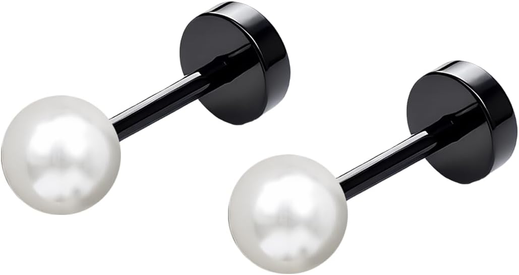 Stainless Steel Dainty 4 mm Pearl Flat Back Stud Earrings for Women, 1 Pair 20G Screw Back Stud Earrings, Sparkly Hypoallergenic Jewelry for Sensitive Ears (Silver/Gold/Black)