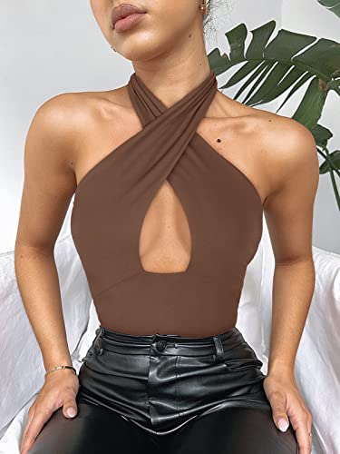Image of REORIA Butsmooth Women's Trendy Sexy Casual V Neck Double Lined Sleeveless Slimming Going Out Tank Top Bodysuits