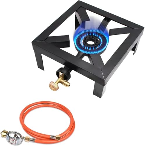 Yunzkuk Outdoor Hockerkocher, Camping Gaskocher 8000W aus Gusseisen, Campingherd 24,5 x 24,5 x 11 cm mit 1,5 m Gas-Schlauch und 50 mbar Gasdruckregler Konstantregler