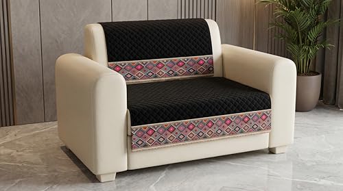Image of KINGLY Sofa Cover 1 Seater Fully Covered | Stretchable Anti-Slip Slipcover | Washable Furniture Protector | Black Multicolor | Set of 2 | Seat & Back |