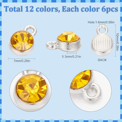 SUNNYCLUE 1 Box 12 Colors 72Pcs Birthstone Charms Bulk Round Crystal Charm Flat Round Glass Charm Alloy Rings Beads Charme for jewellery Making Charme Earrings Bracelets Necklaces DIY Crafting - Image 2