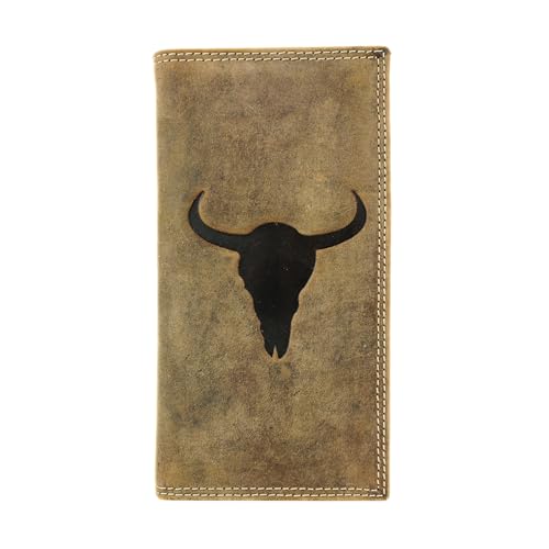 American Bison Men’s Rodeo Wallet – Embossed Bison Skull Leather Bi-Fold, 12 Card Slots, ID Window, 4 Bill Compartments, Pen Holder – Wooden Gift Box (Brown)