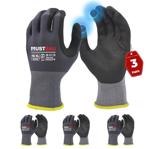 Mustbau - Mustbau 3 Paires Gants de Travail à Écran Tactile, Gants Nitrile Résistants à l'Abrasion, Excellente Préhension Convient pour Jardinage, Mécanique, Chantier (Gris,XL)