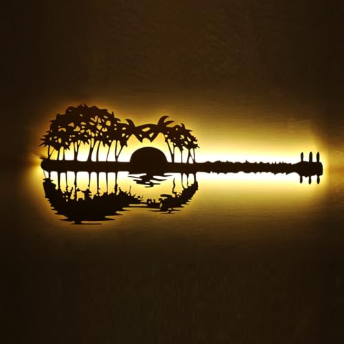 Image of METSY Wall Decor Metal Wall Decor Guitar Art|Wall Hanging Decor Abstract Guitar Sunset With Palm trees For Home Decoration with backlit (90cmx 38cm x1.2mm)