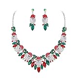 EVER FAITH Christmas Santa Claus Jewelry Set Green Red Rhinestone Crystal Cute Statement Necklace Dangle Earrings for Women Costume Accessories Holiday Party Festival Decoration