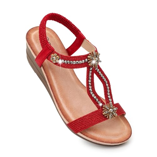 Image of Wedge Sandals for Women Dressy, Woman's Sandal Comfortable Low Wedges Heels Ankle Elastic Strap Sandles with Flower Rhinestones