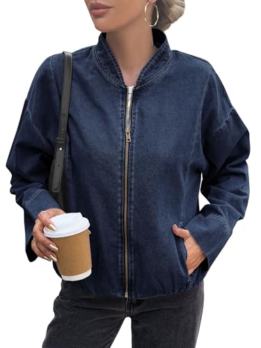 Tankaneo Womens Denim Bomber Jacket Zip Up Cropped Lightweight Jean Jacket Fall Casual Outerwear with Pockets