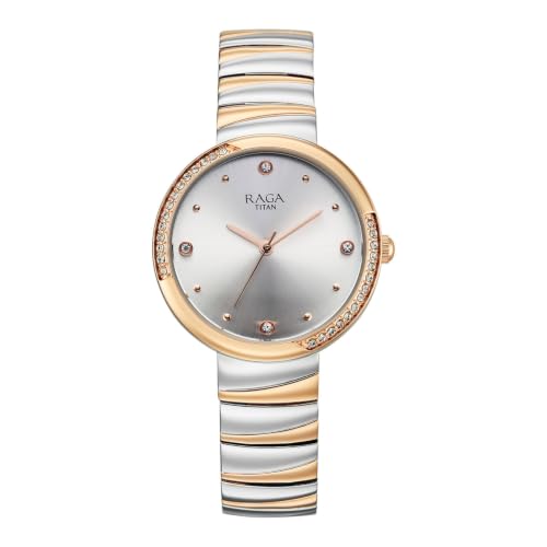 Image of Titan Raga Spotlight 2.0 Quartz Analog 3Hands Display Silver Dial IPRG+Steel Look Color Strap Watch for Women - 95427KM01