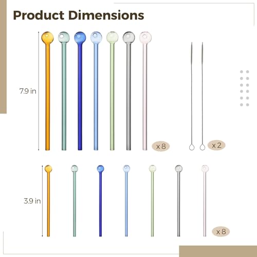 16 Pcs Glass Straws Set with Cleaning Brushes, Multicolor 3.9 in & 7.9 in Cocktail Reusable Straws with Ball End Design, Glass Drink Stirrers for Juice, Smoothie, Milkshakes, MilkTeas - Thumbnail 4