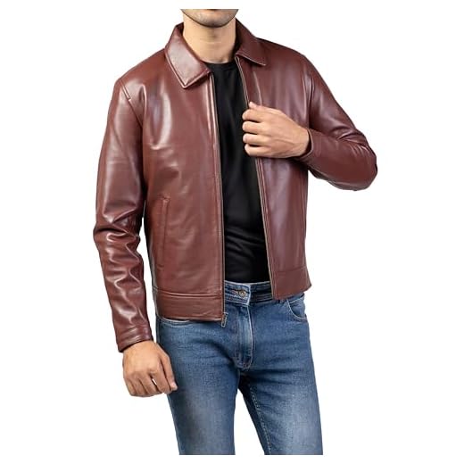 Jaqueta masculina de couro premium com gola polo - jaqueta masculina de couro de pele de cordeiro de verdade estilo clássico da velha escola para uso diário, Marrom, XG