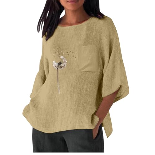 Camiseta de Manga Corta Mujer Lino Camisa Blusa Verano Moda Color sólido Cómodo Casual Suelto Cuello Redondo Tops 2024 T-Shirt Original Basic tee Talla Grande Ligero