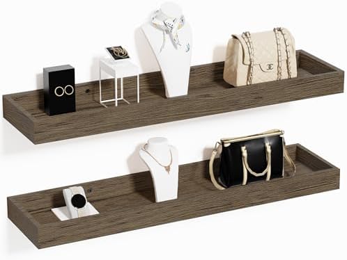 2 Pack 24 in Smoke Gray Floating Shelves for Wall, Wooden Wall Shelves for Bedroom Living Room Kitchen, Modern and Rustic Bathroom Shelves with Raised Lip, Floating Shelf for Storage Display