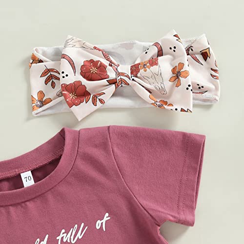 Engofs Western Baby Girl Clothes Short Sleeve Letter Cow Head Print T Shirt Tops Shorts Headband 3Pcs Toddler Boho Summer Outfits Purple 12-18 Months #TOP1