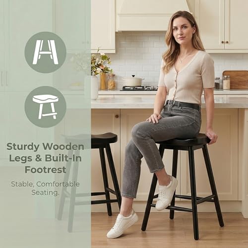Image of HNY Backless Black Bar Stools Set of 4, Modern Counter Height Barstools 24 Inch Rustic Farmhouse Bar Height Saddle Stools with Ergonomic Seat, Wooden Stools for Kitchen Counter Island