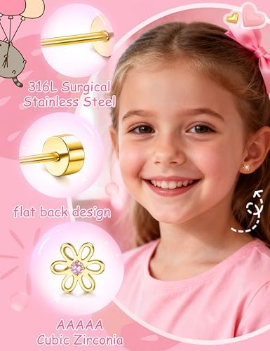 FIASASO Hypoallergenic Flat Back Earrings for Girls Kids Toddler Women 10 Pair Surgical Stainless Steel Screw Back Stud Earrings for Sensitive Ears Cute Flower Butterfly Stud Earring Screwback Girl Earrings Toddler Jewelry Gold age：over 4 years old — view 3