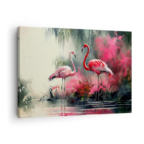 Moderne Impression sur Toile Flamants Roses Morceau Paysage Image Tableau Decoration Murale 70x50cm Deco Cadre Décoration Salon Chambre Horizontal Tableaux...