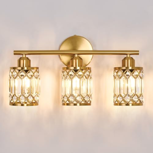 Roozefil 3 Light Bathroom Vanity Light Fixture Over Mirror Brushed Gold Vintage Vanity Lights with Glass Shade Farmhouse Wall Sceonce for Bedroom Dressing Room Living Room Hallway Cabinet