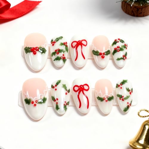 24pcs Christmas Press on Nails Short Almond Fake Nails with Red Rhinestones Designs Xmas Holly Bow False Nail White French Tip Acrylic Nails Cute Full Cover Glue on Nail for Women DIY Manicure