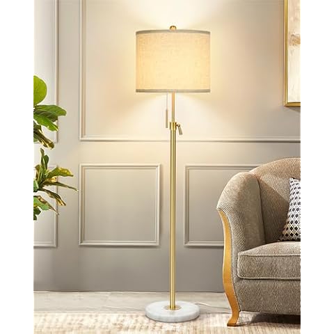 Qingmiao Modern Floor Lamp for Living Room, Adjustable Height Standing Lamp with Marble Base, Gold Tall Pole Light with Linen Shade for Reading Bedroom, Chain Switch, 8W 3-Way Dimmable Bulb Included Cover