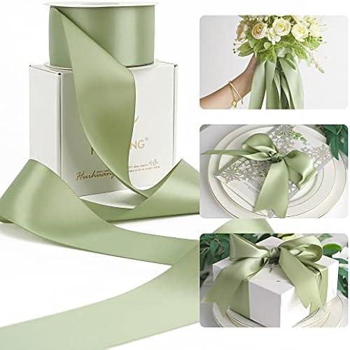 HUIHUANG Sage Green Ribbon 2 inch Double Face Green Satin Ribbon for Flower Bouquet Wrap, Dusty Sage Silk Satin Ribbons for Wedding Invitations, Gift Wrapping, Home Decor, Hair Bows -25 Yards/Roll