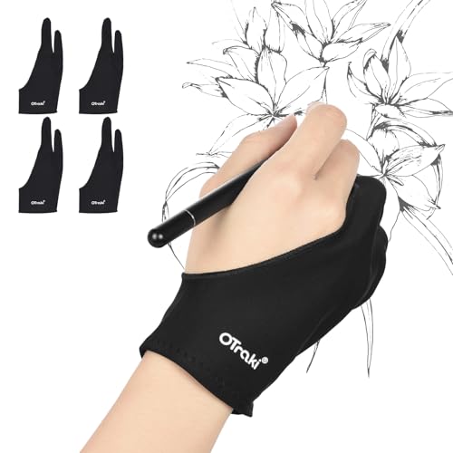 OTraki 4 Pack Guante Dibujo, Antiincrustante Guante Tableta Gráfica para Tableta Gráfica Drawing Glove Guantes de Artista Transpirable Guantes de Dos Dedos para Dibujar para Zurdo e Diestro (8.5×20CM)