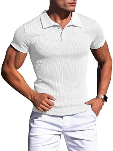 Image of Agilelin Men's Muscle Slim Fit Polo Shirts Short Sleeve Stretch T-Shirts Casual Stylish Tee for Golf Workout(White/XS)
