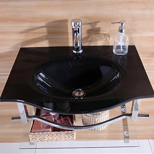 モダンな壁掛け式洗面化粧台セット 小型モダン洗面化粧台 強化ガラス製ボウルシンク 温水・冷水蛇口付き ステンレススチールフレーム(黒,60x45cm)