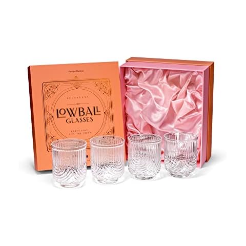 Vintage Art Deco Lowball Gatsby Cocktail Glasses | Set of 4 | 13 oz Double Old Fashioned Tumblers for Drinking Classic Whiskey, Gin, Vodka Bar Drinks | Round Short Glassware Cover
