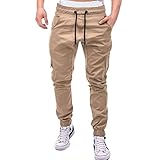 Ansenesna Hosen Herren Cargo Chino Lang Cargohose Seitentaschen Einfarbig Gummibund Kordelzug Freizeithose mit Bündchen (XXXL, Khaki)