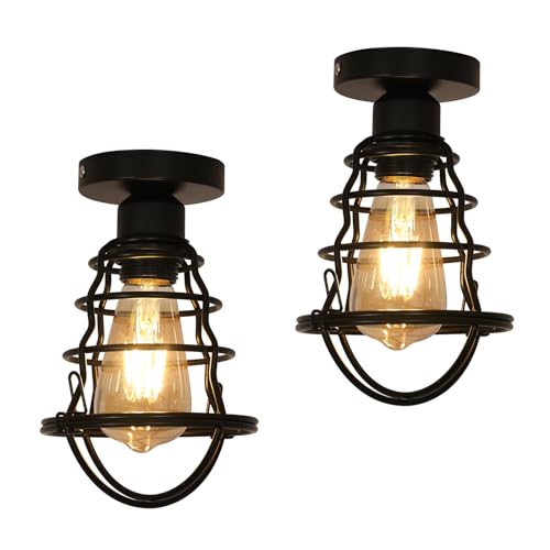 2 Pack Vintage Industrial Ceiling Light Semi Flush Mount Ceiling Light Black Metal Cage E27 Base, Pendant Ceiling Light for Hallway, Entrance, Porch, Living Room, Kitchen, Farmhouse (No Bulb)