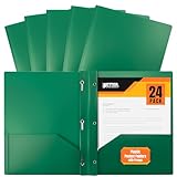 Better Office Products Green Plastic 2 Pocket Folders with Prongs, Heavyweight, Letter Size Poly Folders, 24 Pack, with 3 Metal Prongs Fastener Clips, Green