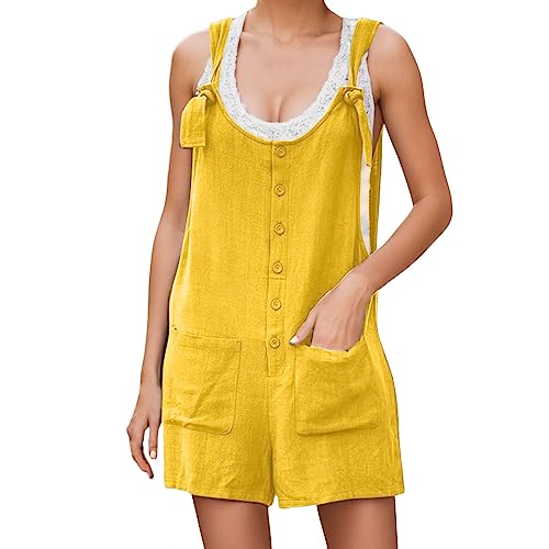 Peto de verano para mujer, pantalones cortos de trabajo, algodón y lino, monocolor, suelto, mono sin mangas, peto con bolsillos grandes, mono de juego, traje de pantalón, informal, tirantes cortos,