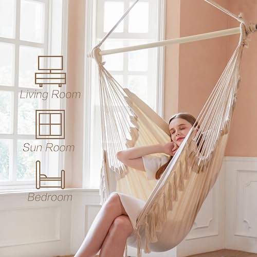 PNAEUT Hammock Chair Hanging Rope Swing with Tassel and Pocket, Max 500 Lbs, 2 Cushions Included, Steel Spreader Bar with Anti-Slip Rings, Hardware Kit and Bag, for Indoor Outdoor (Natural) - Thumbnail 3