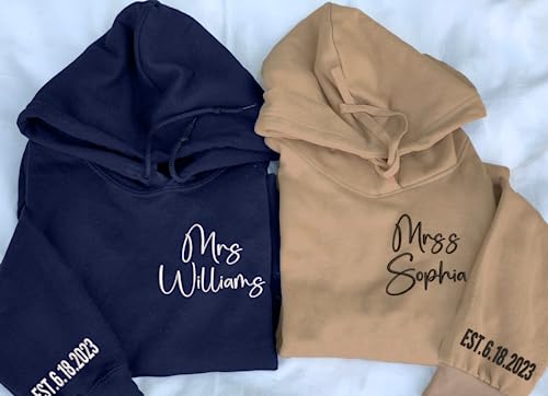 Izi Pod Custom Mrs. Embroidered Sweatshirt, Date On Sleeve, Personalized Gift For Bride, Wife Shirt, Future Mrs Hoodie, Engagement Gift, Bride To Be, Valentines Gifts, Christmas Shirt For Men, Hoodie #TOP2