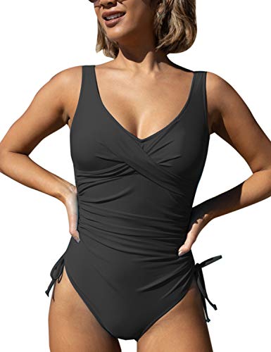 Blooming Jelly Women's Vintage One Piece Swimsuits Ruched Tummy Control String Bathing Suits Black