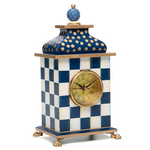 MACKENZIE CHILDS Desk Clock Decorative Wood Clock for Kitchen and Living Room Blue and White Royal Check