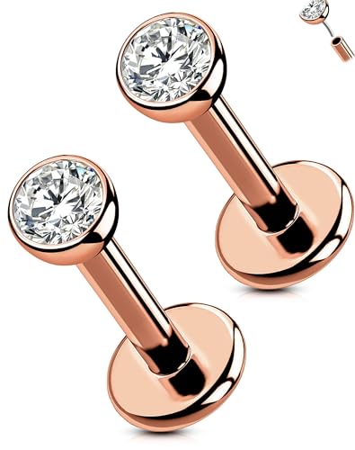OUFER 2PCS Rose Gold Titanium Flat Back Threadless Stud Earrings, 16G/18G/20G Push Pin Piercing Jewelry – Multiple Post Lengths (5mm–12mm) & CZ Sizes (1.5mm–4mm) for Lobe, Helix, Tragus, Conch, Nose