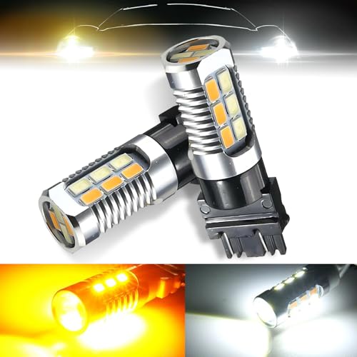 awlbed 2 PCS Car 3157 LED Brake Light DRL, 5630-20SMD 700LM Two-color Bright and Sensitive Start Indicator Light Replacement, Shockproof Plug and Play Light Bulb, Universal for Cars (White & Amber)
