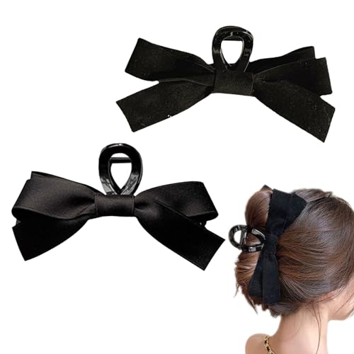 Wondsea 2 pinzas negras para el pelo para mujeres y niñas, pinzas de lazo de satén para mujeres, lazo, pinza para el pelo, lazos negros grandes, pinzas antideslizantes para el pelo