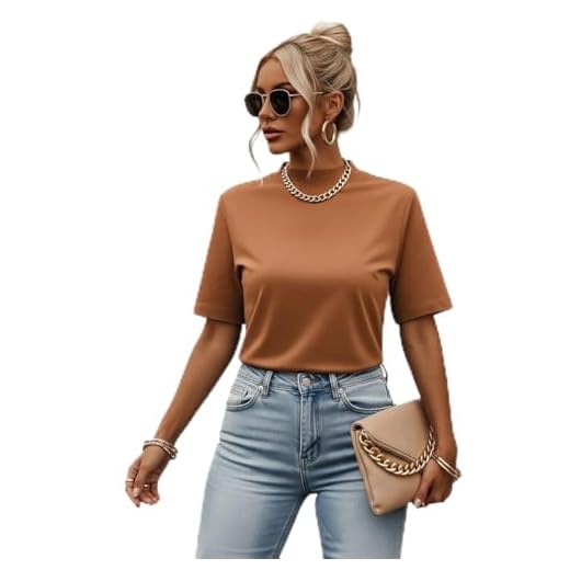 T-shirt Camiseta Básica Feminina Gola Alta, 100% Algodão, Manga Oversized (BR, Alfa, M, Regular, Chocolate)